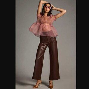 Anthropologie Sheer Mauve Peplum Top with Chocolate Brown Wide-Leg Pants